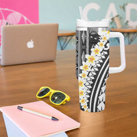 Black Vintage Tonga Ngatu Pattern With Plumeria Tumbler With Handle - Polynesian Pride