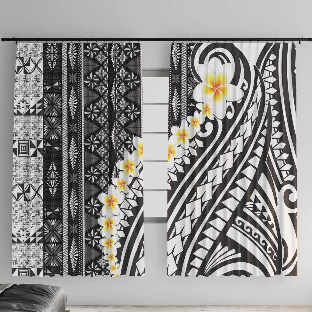 Black Vintage Tonga Ngatu Pattern With Plumeria Window Curtain - Polynesian Pride