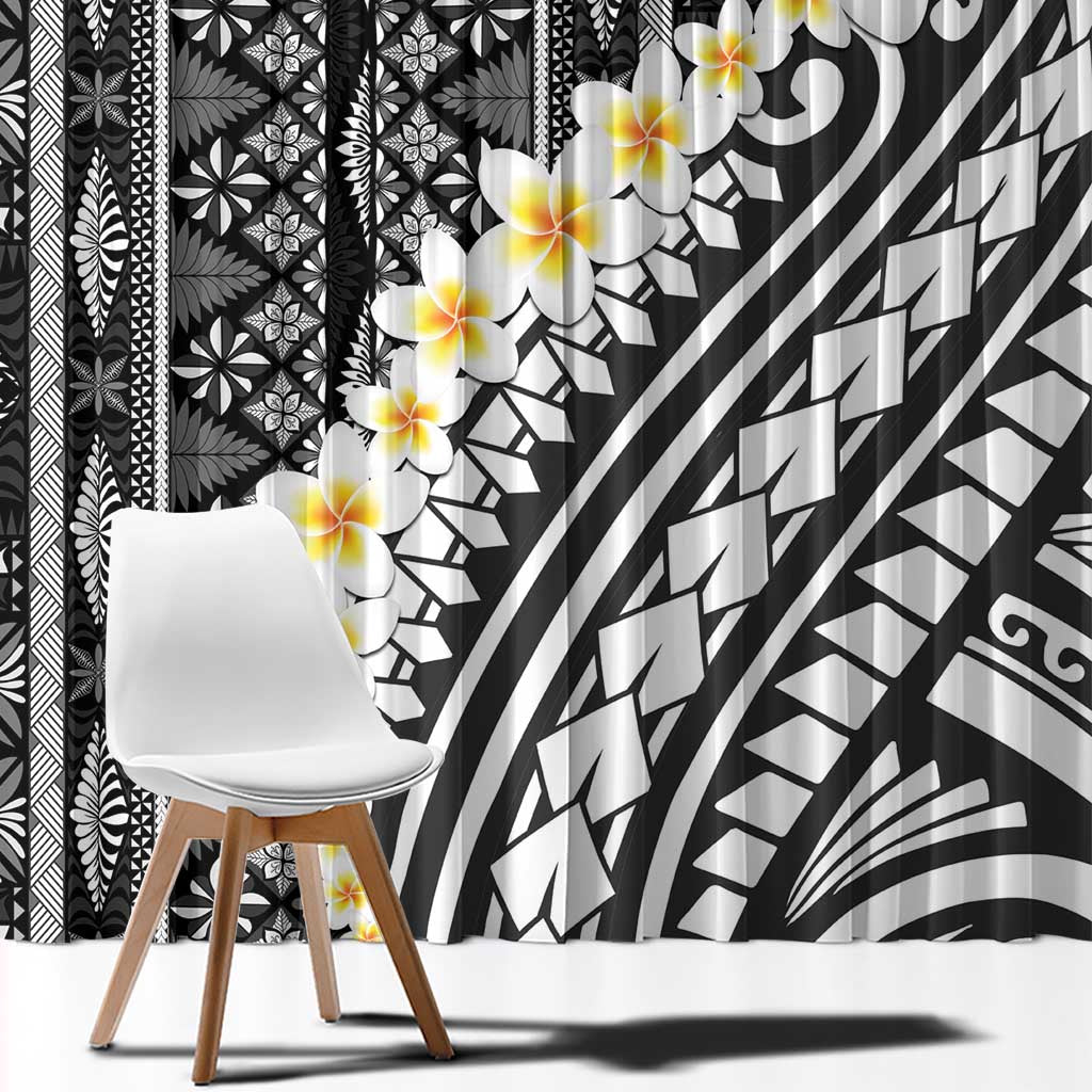 Black Vintage Tonga Ngatu Pattern With Plumeria Window Curtain - Polynesian Pride