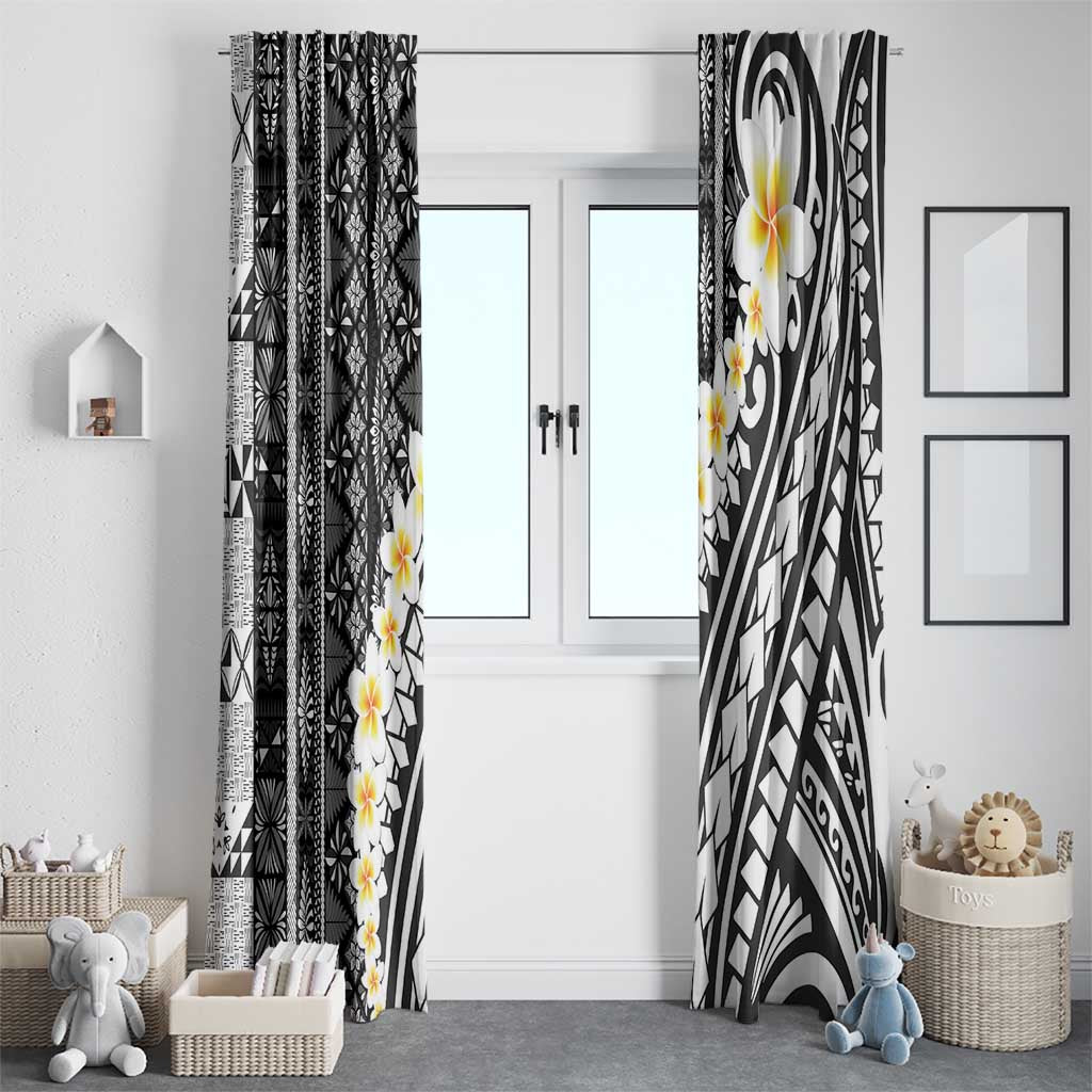 Black Vintage Tonga Ngatu Pattern With Plumeria Window Curtain - Polynesian Pride