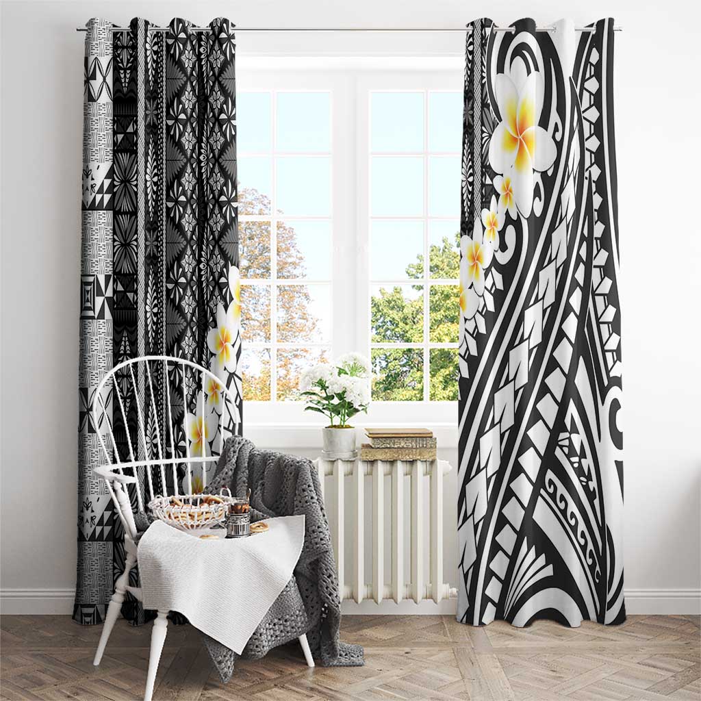 Black Vintage Tonga Ngatu Pattern With Plumeria Window Curtain - Polynesian Pride