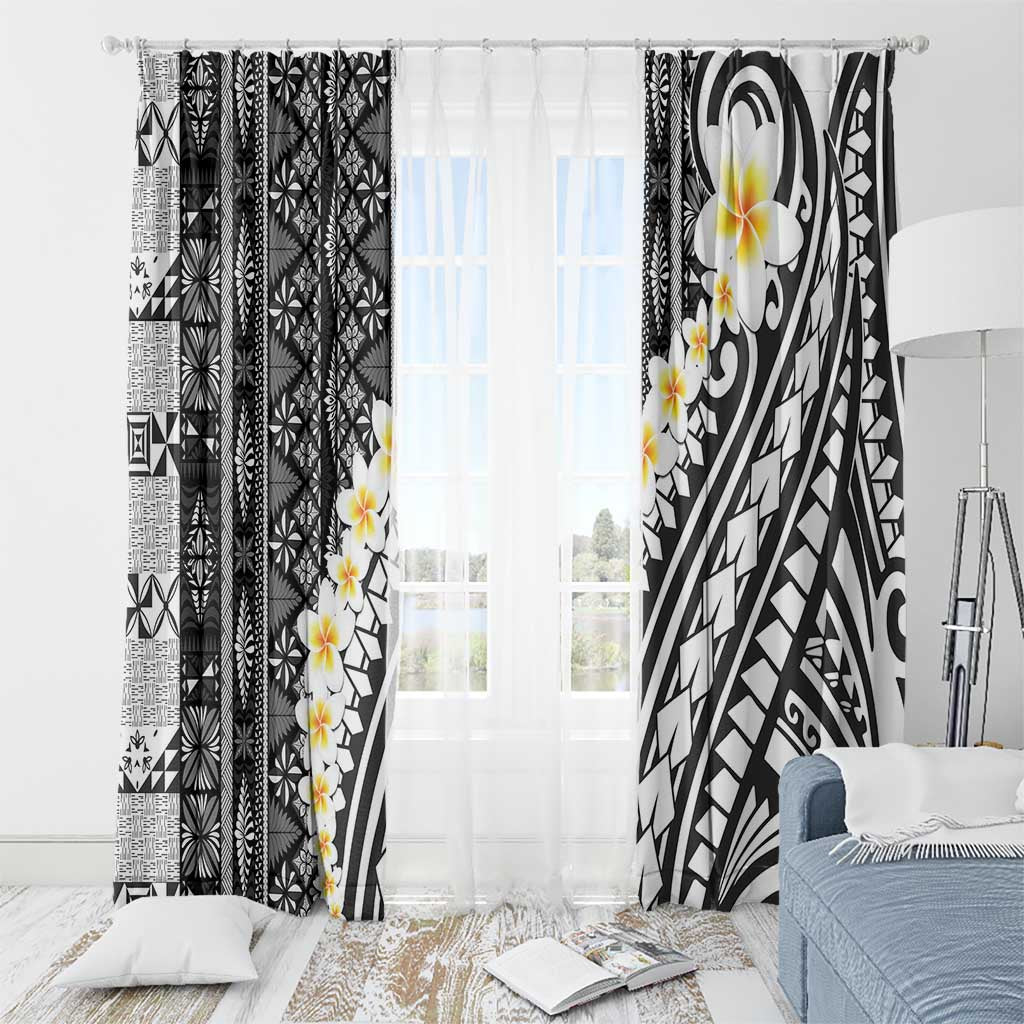 Black Vintage Tonga Ngatu Pattern With Plumeria Window Curtain - Polynesian Pride