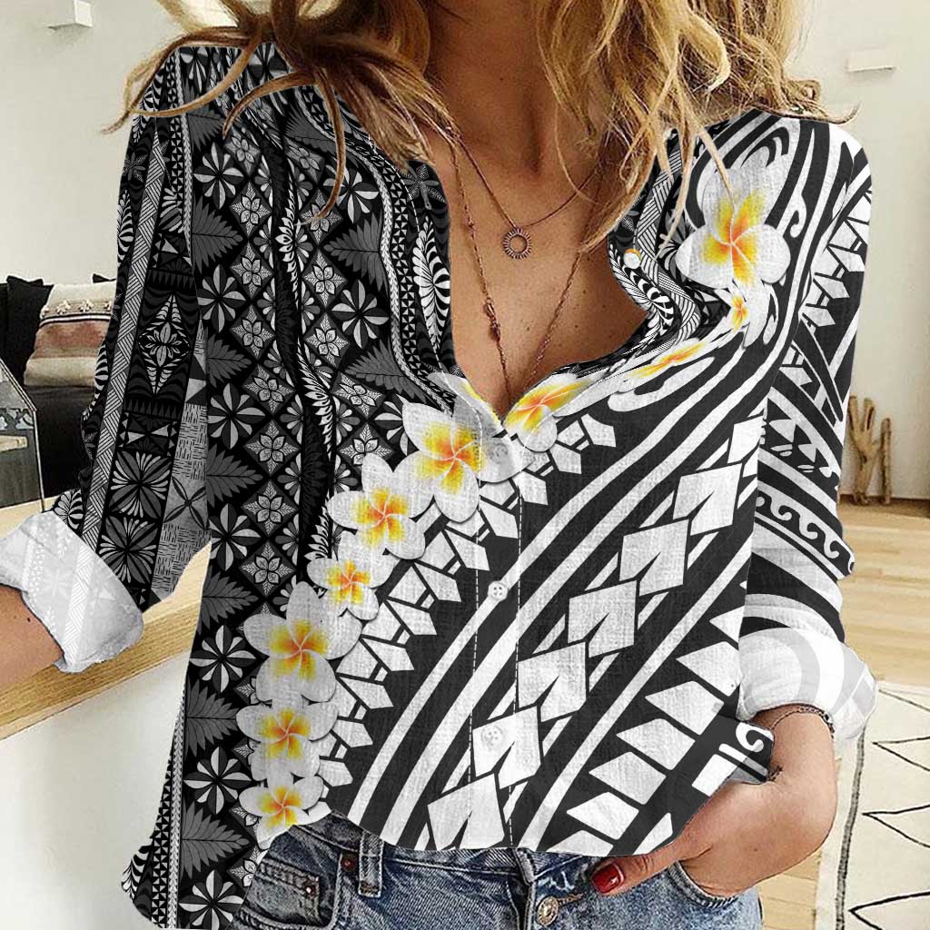 Black Vintage Tonga Ngatu Pattern With Plumeria Women Casual Shirt LT05 Female Black - Polynesian Pride