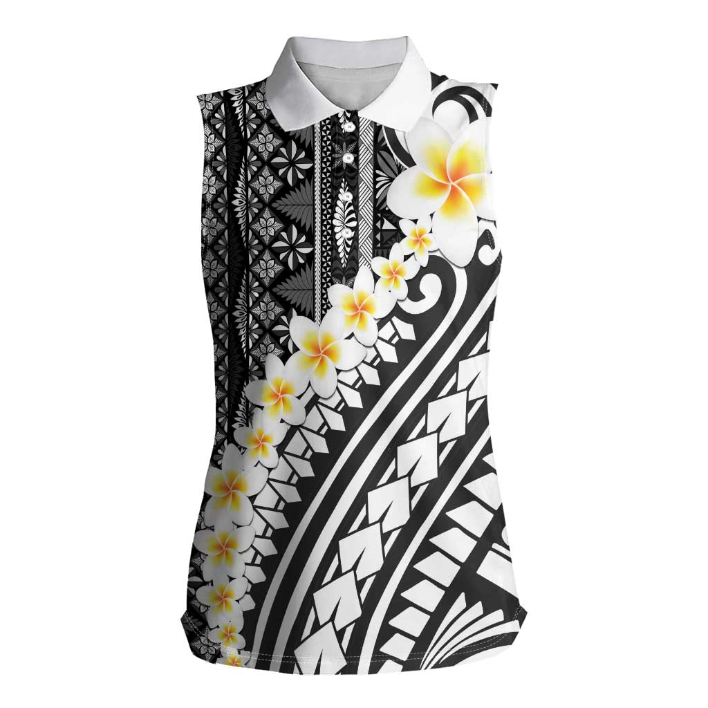 Black Vintage Tonga Ngatu Pattern With Plumeria Women Sleeveless Polo Shirt LT05 Female Black - Polynesian Pride
