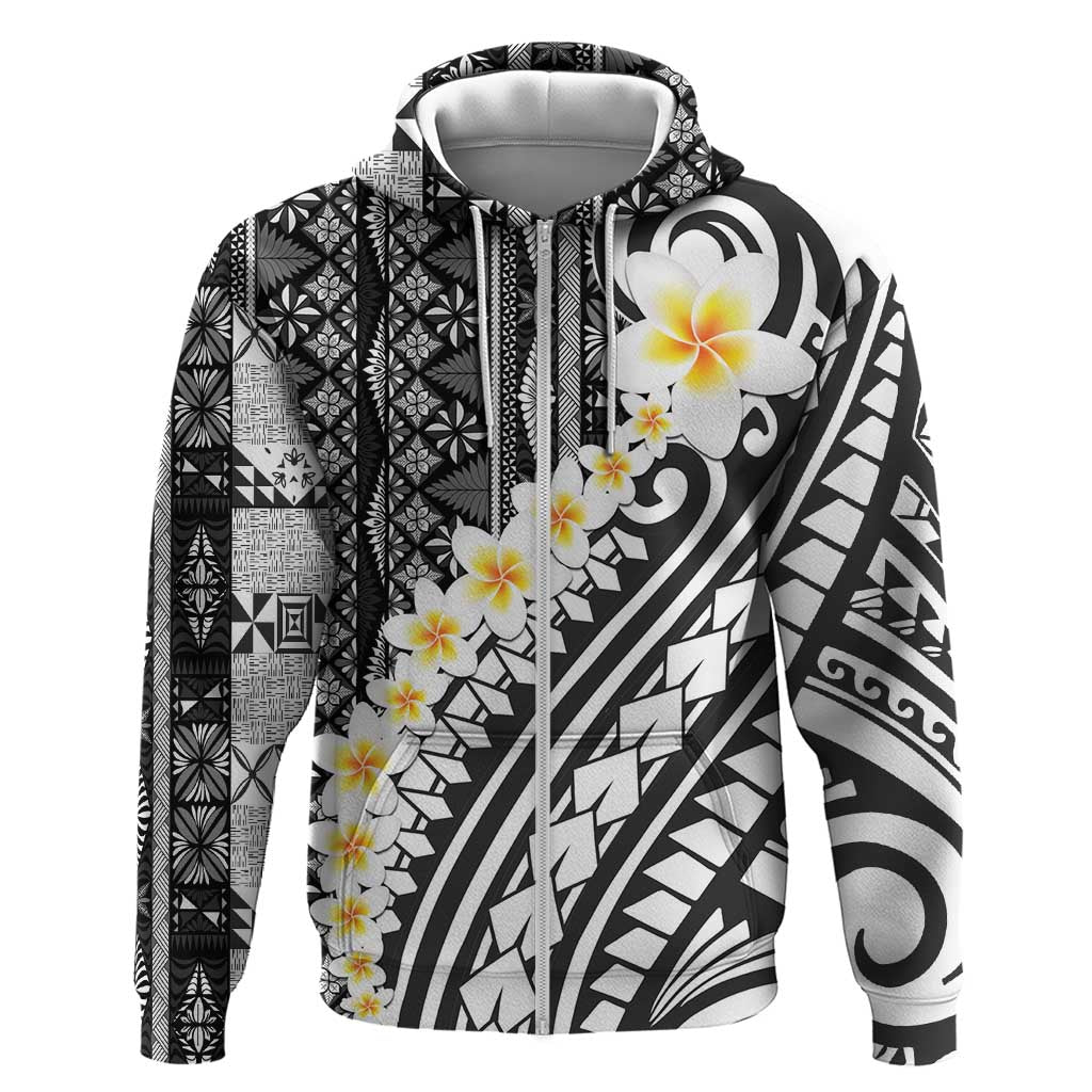 Black Vintage Tonga Ngatu Pattern With Plumeria Zip Hoodie - Polynesian Pride