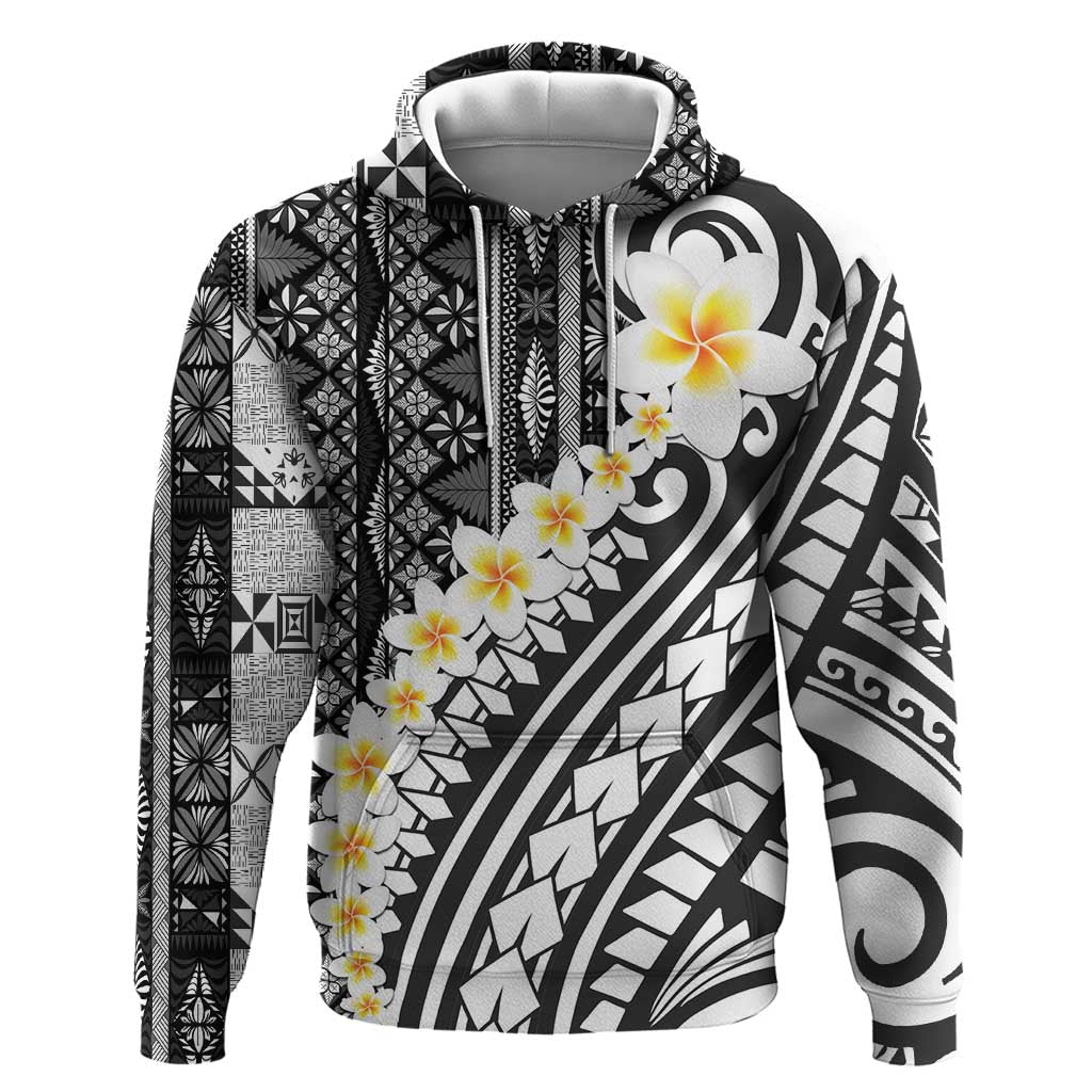 Black Vintage Tonga Ngatu Pattern With Plumeria Zip Hoodie - Polynesian Pride