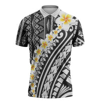 Black Vintage Tonga Ngatu Pattern With Plumeria Zipper Polo Shirt - Polynesian Pride