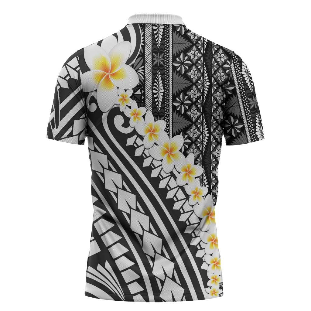 Black Vintage Tonga Ngatu Pattern With Plumeria Zipper Polo Shirt - Polynesian Pride