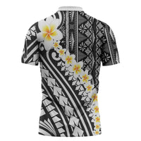 Black Vintage Tonga Ngatu Pattern With Plumeria Zipper Polo Shirt - Polynesian Pride