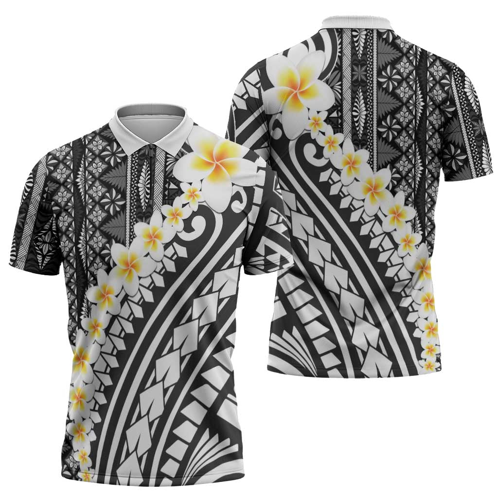 Black Vintage Tonga Ngatu Pattern With Plumeria Zipper Polo Shirt - Polynesian Pride