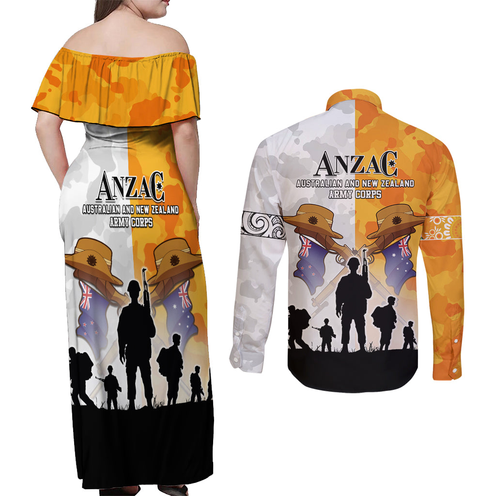 Australia And New Zealand ANZAC Day Couples Matching Off Shoulder Maxi Dress and Long Sleeve Button Shirt Lest We Forget LT05 - Polynesian Pride