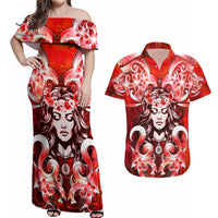 Hawaii Goddess Of Fire Madame Pele Couples Matching Off Shoulder Maxi Dress and Hawaiian Shirt Polynesian Style LT05 Red - Polynesian Pride