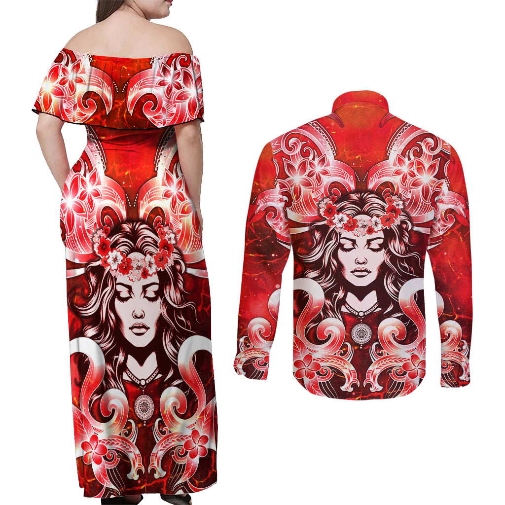Hawaii Goddess Of Fire Madame Pele Couples Matching Off Shoulder Maxi Dress and Long Sleeve Button Shirt Polynesian Style LT05 - Polynesian Pride