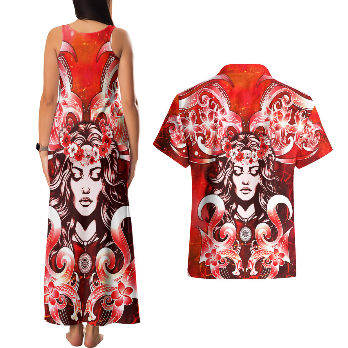 Hawaii Goddess Of Fire Madame Pele Couples Matching Tank Maxi Dress and Hawaiian Shirt Polynesian Style LT05 - Polynesian Pride