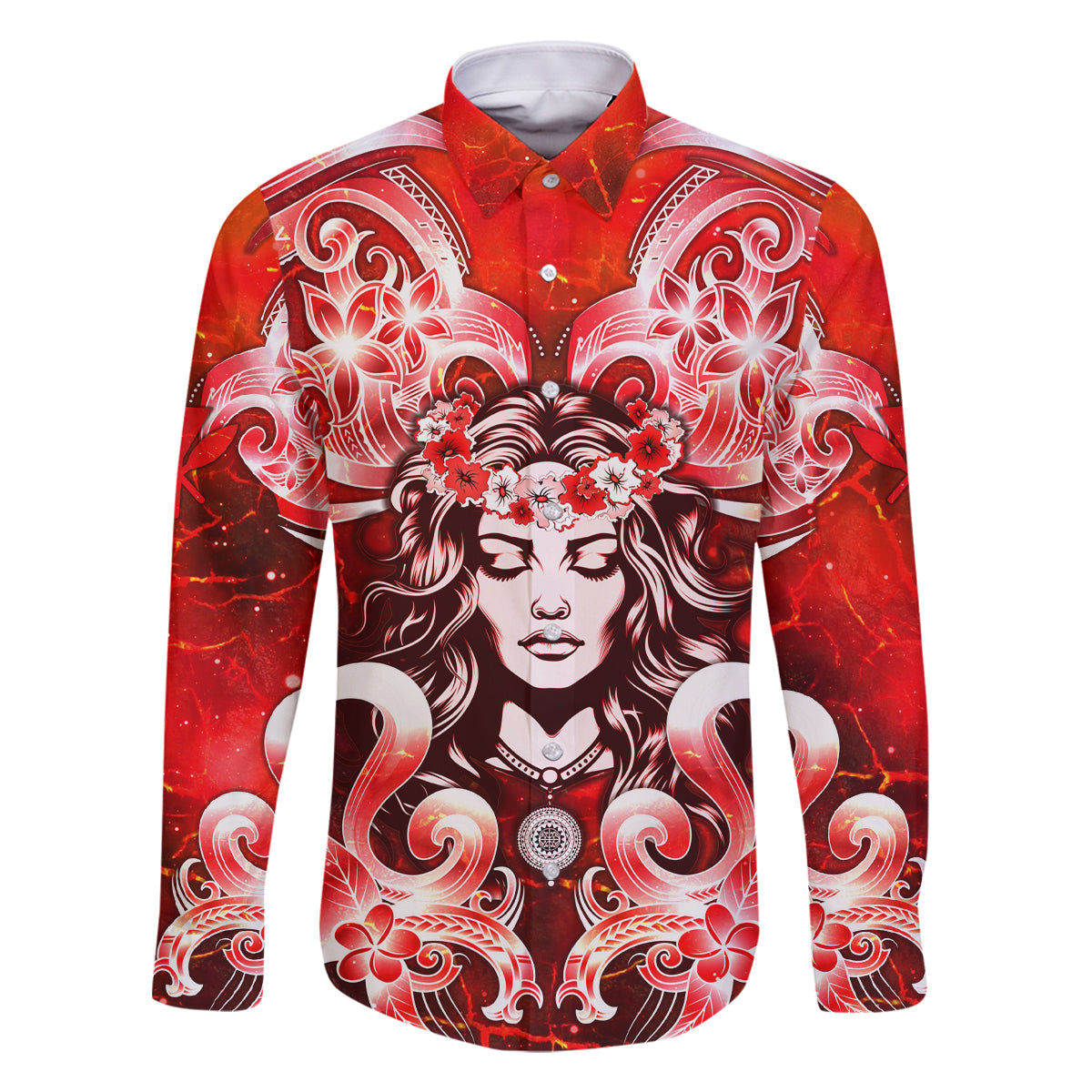 Hawaii Goddess Of Fire Madame Pele Family Matching Off Shoulder Short Dress and Hawaiian Shirt Polynesian Style LT05 Dad's Shirt - Long Sleeve Red - Polynesian Pride