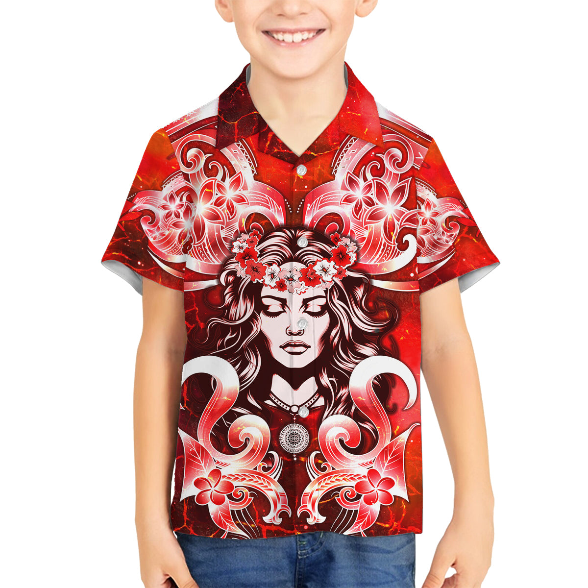 Hawaii Goddess Of Fire Madame Pele Family Matching Off Shoulder Short Dress and Hawaiian Shirt Polynesian Style LT05 Son's Shirt Red - Polynesian Pride