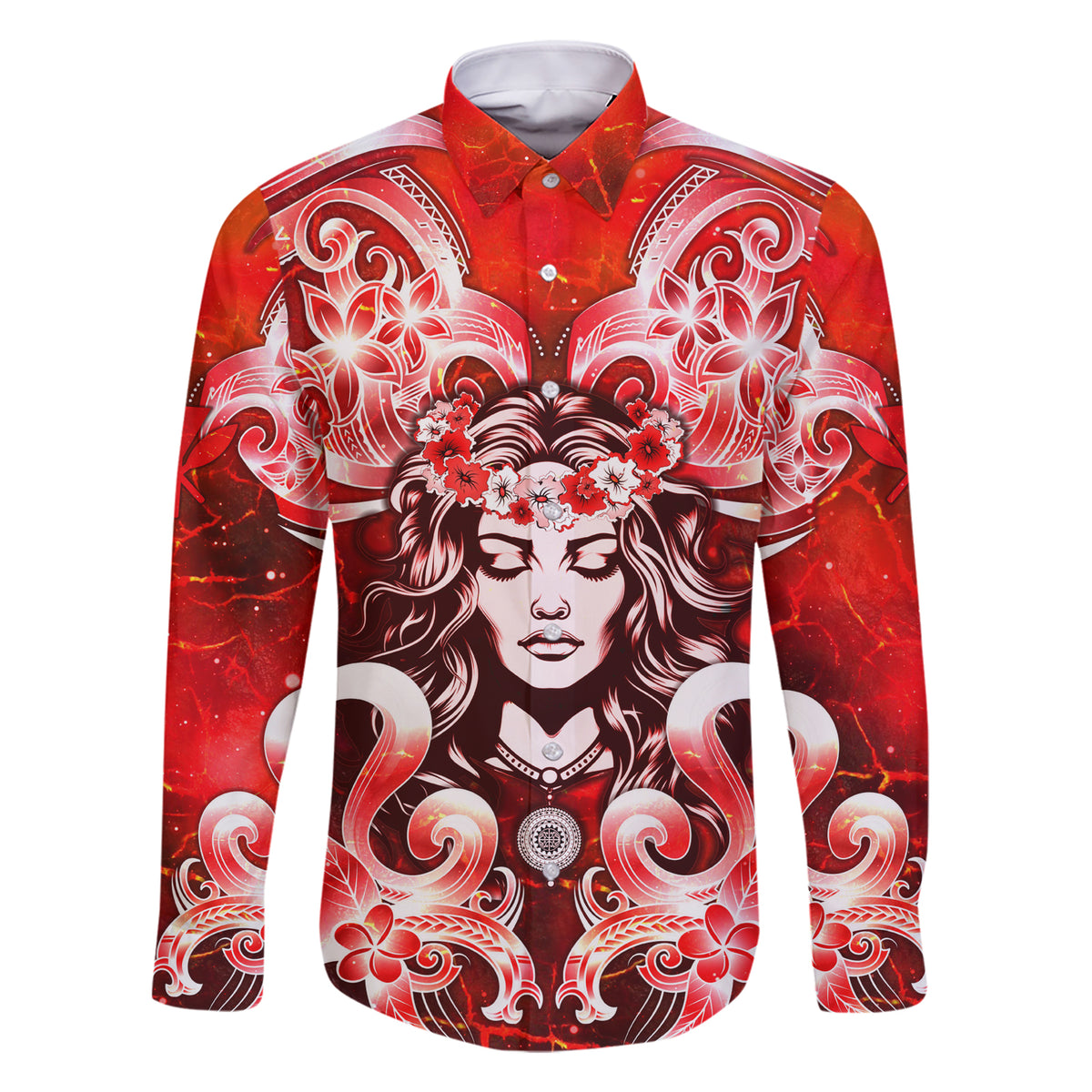 Hawaii Goddess Of Fire Madame Pele Family Matching Short Sleeve Bodycon Dress and Hawaiian Shirt Polynesian Style LT05 Dad's Shirt - Long Sleeve Red - Polynesian Pride