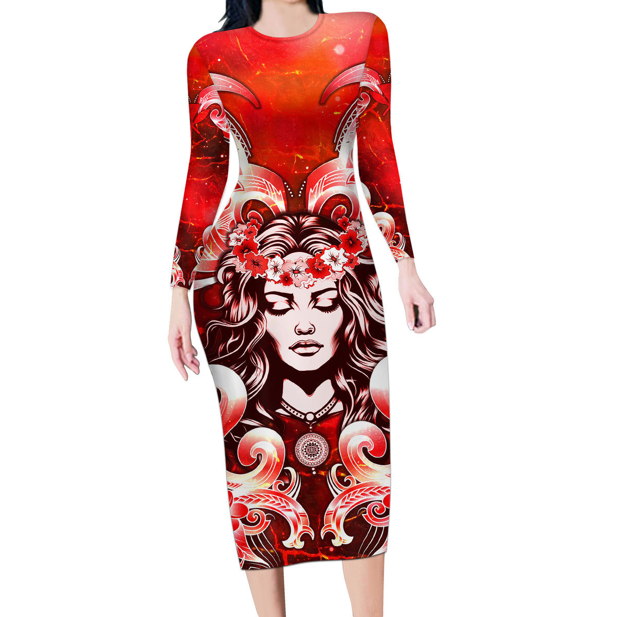 Hawaii Goddess Of Fire Madame Pele Long Sleeve Bodycon Dress Polynesian Style LT05 Long Dress Red - Polynesian Pride