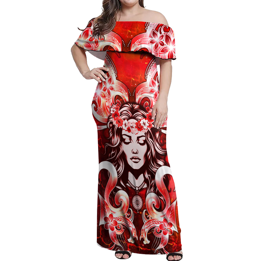 Hawaii Goddess Of Fire Madame Pele Off Shoulder Maxi Dress Polynesian Style LT05 Women Red - Polynesian Pride