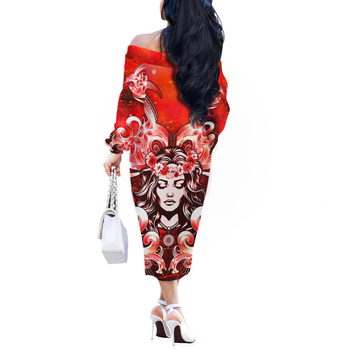 Hawaii Goddess Of Fire Madame Pele Off The Shoulder Long Sleeve Dress Polynesian Style LT05 - Polynesian Pride