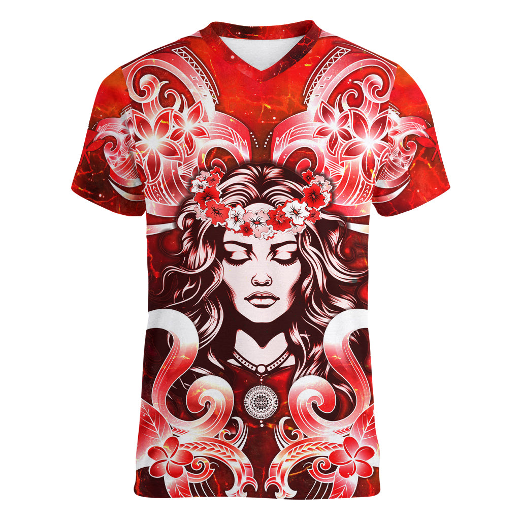 Hawaii Goddess Of Fire Madame Pele Women V Neck T Shirt Polynesian Style LT05 Female Red - Polynesian Pride