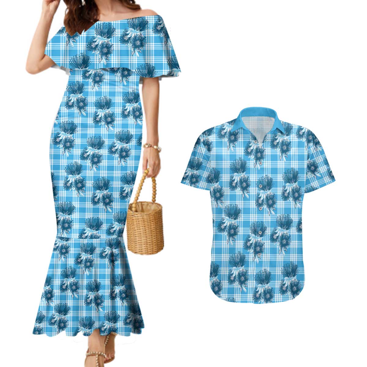 Blue Palaka Hawaii Couples Matching Mermaid Dress and Hawaiian Shirt Hawaiian Lehua Blossoms LT05 Blue - Polynesian Pride