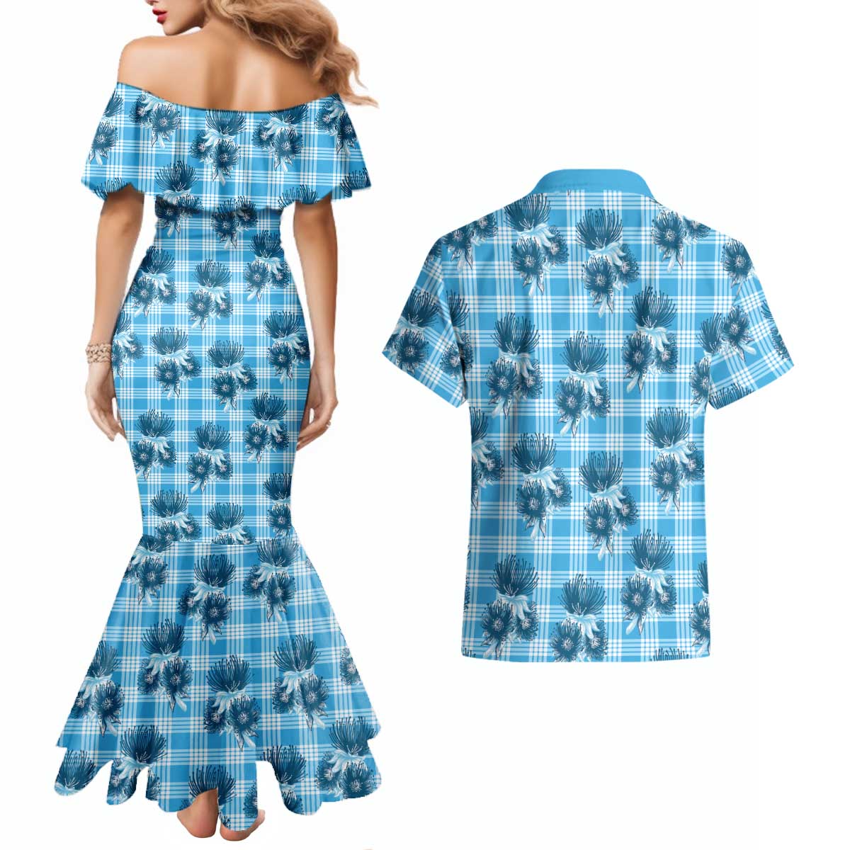 Blue Palaka Hawaii Couples Matching Mermaid Dress and Hawaiian Shirt Hawaiian Lehua Blossoms LT05 - Polynesian Pride