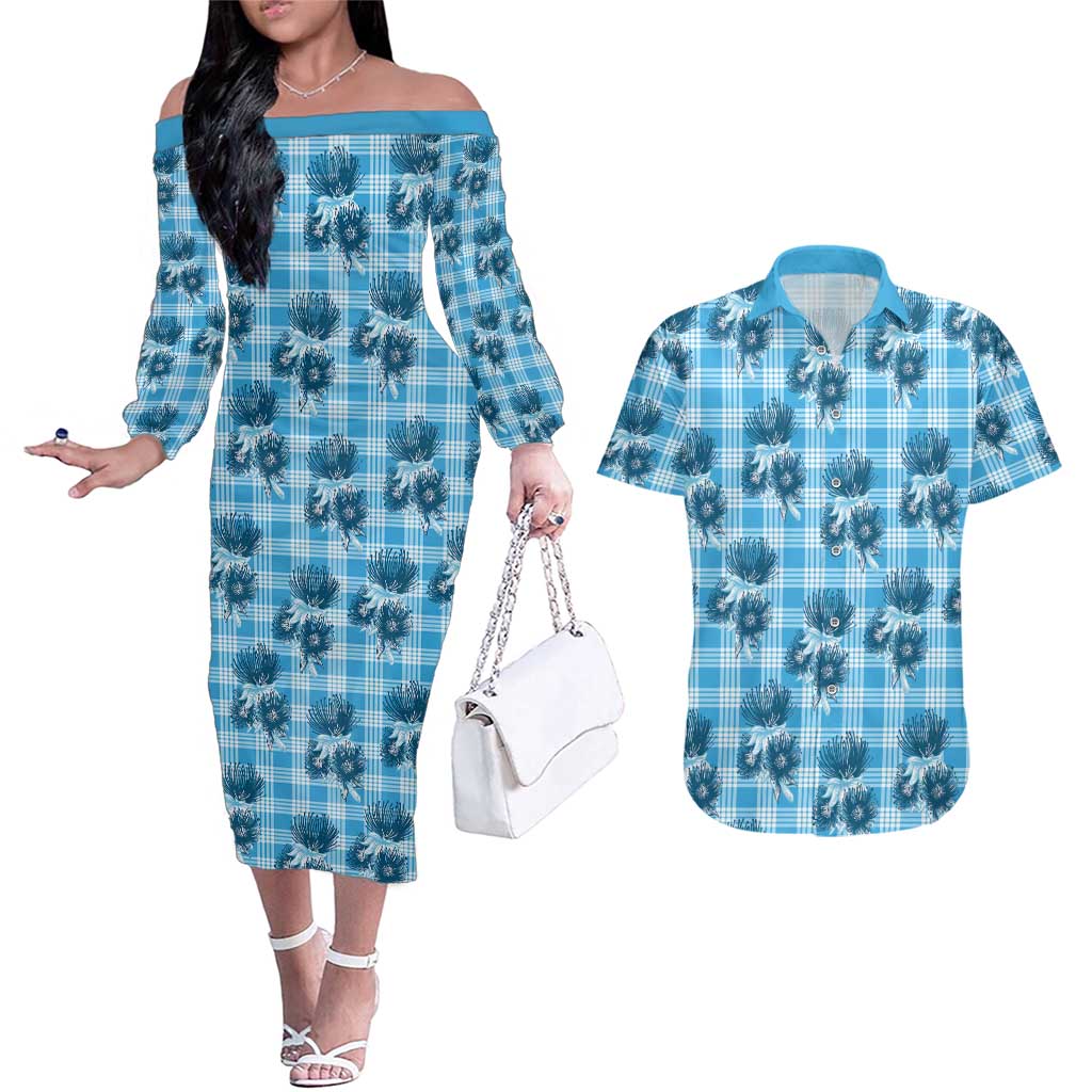 Blue Palaka Hawaii Couples Matching Off The Shoulder Long Sleeve Dress and Hawaiian Shirt Hawaiian Lehua Blossoms LT05 Blue - Polynesian Pride