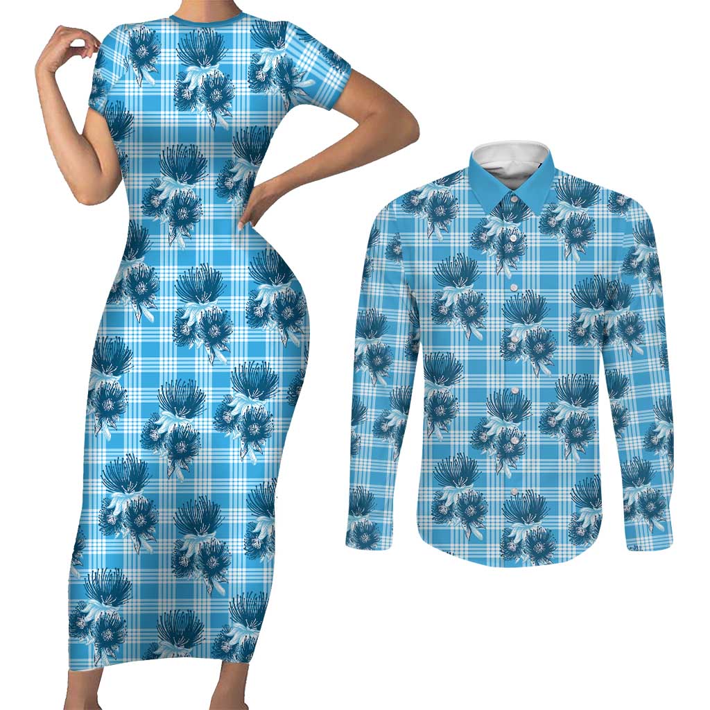 Blue Palaka Hawaii Couples Matching Short Sleeve Bodycon Dress and Long Sleeve Button Shirt Hawaiian Lehua Blossoms