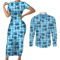 Blue Palaka Hawaii Couples Matching Short Sleeve Bodycon Dress and Long Sleeve Button Shirt Hawaiian Lehua Blossoms