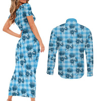 Blue Palaka Hawaii Couples Matching Short Sleeve Bodycon Dress and Long Sleeve Button Shirt Hawaiian Lehua Blossoms