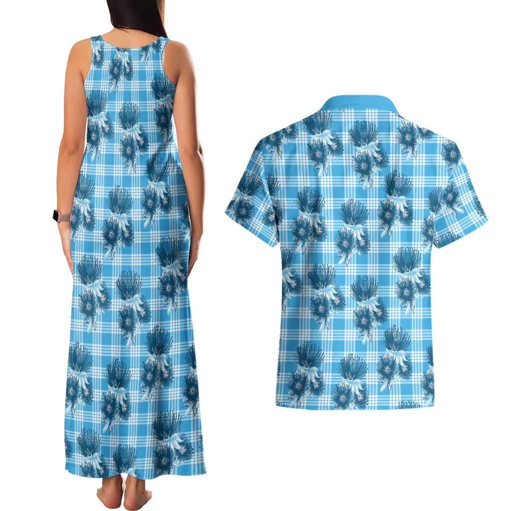 Blue Palaka Hawaii Couples Matching Tank Maxi Dress and Hawaiian Shirt Hawaiian Lehua Blossoms