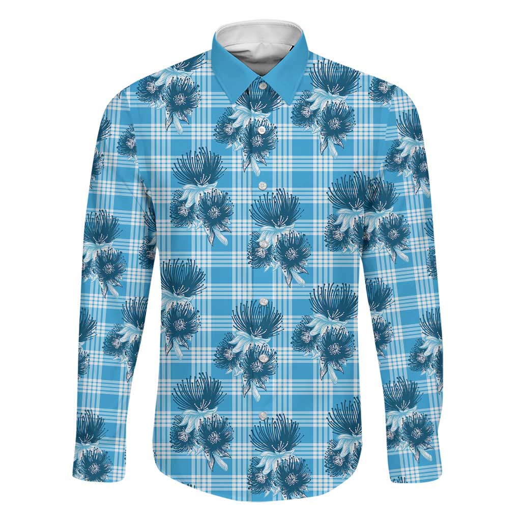 Blue Palaka Hawaii Family Matching Long Sleeve Bodycon Dress and Hawaiian Shirt Hawaiian Lehua Blossoms LT05 Dad's Shirt - Long Sleeve Blue - Polynesian Pride