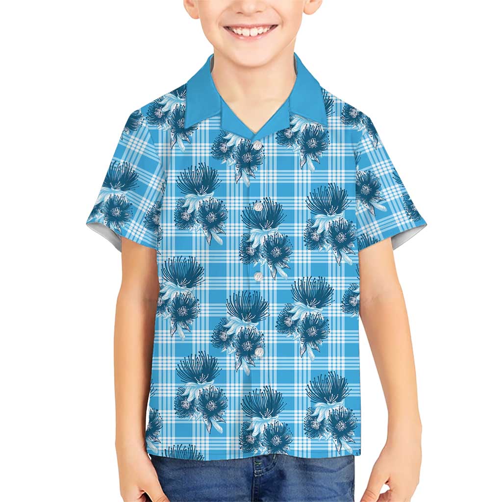 Blue Palaka Hawaii Family Matching Off Shoulder Short Dress and Hawaiian Shirt Hawaiian Lehua Blossoms LT05 Son's Shirt Blue - Polynesian Pride