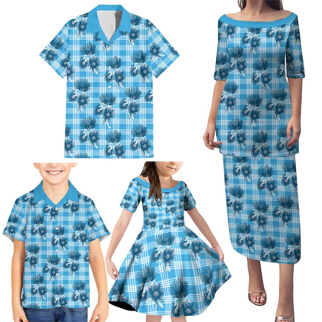 Blue Palaka Hawaii Family Matching Puletasi and Hawaiian Shirt Hawaiian Lehua Blossoms LT05 - Polynesian Pride