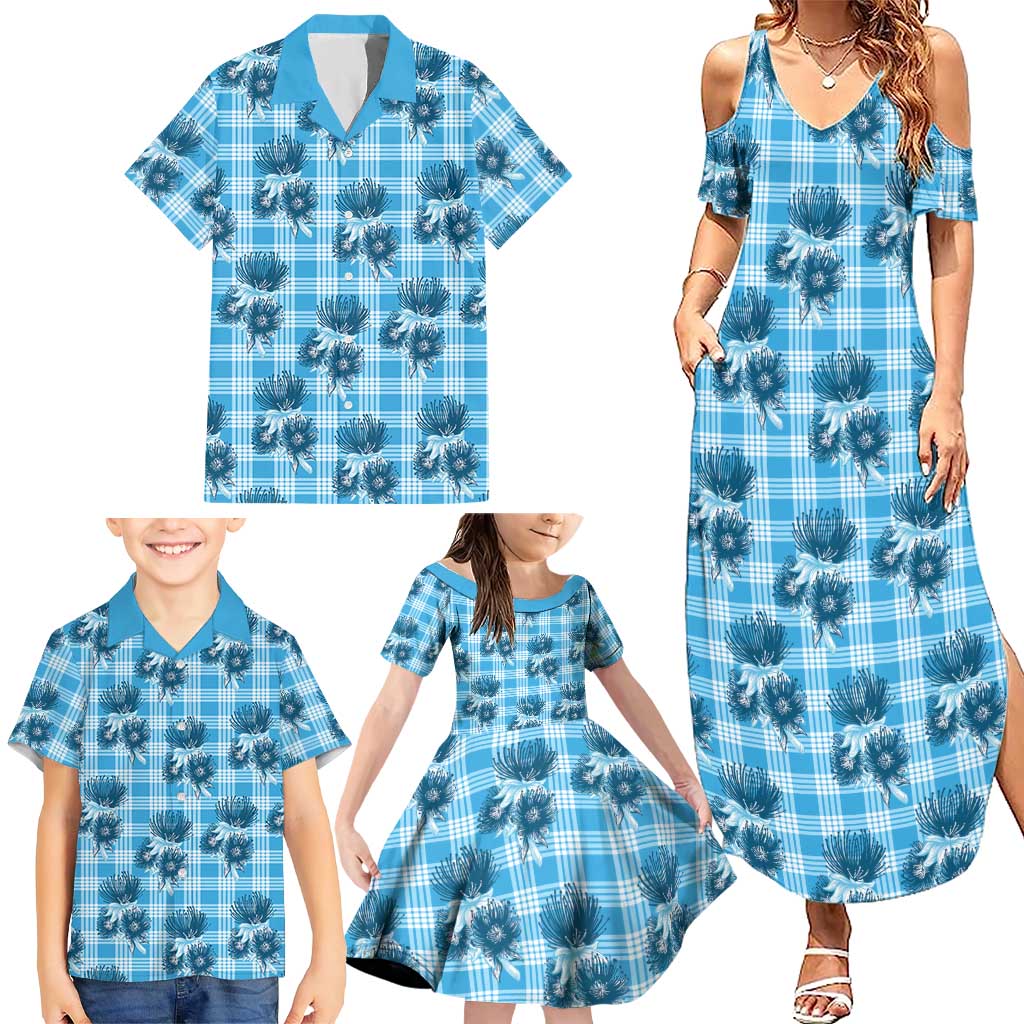 Blue Palaka Hawaii Family Matching Summer Maxi Dress and Hawaiian Shirt Hawaiian Lehua Blossoms LT05 - Polynesian Pride