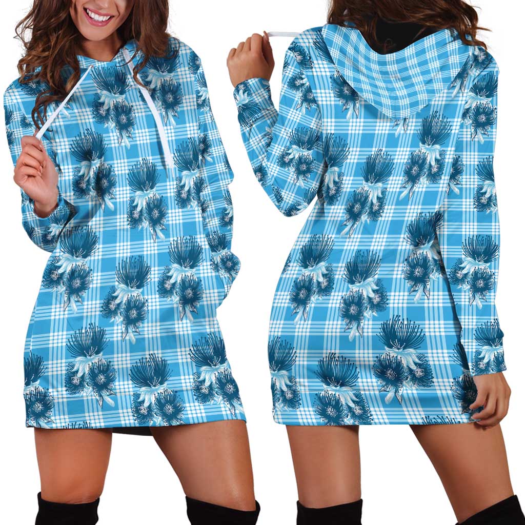 Blue Palaka Hawaii Hoodie Dress Hawaiian Lehua Blossoms LT05 - Polynesian Pride