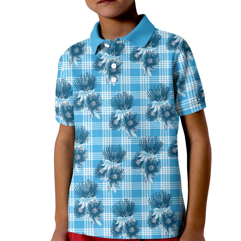 Blue Palaka Hawaii Kid Polo Shirt Hawaiian Lehua Blossoms LT05 Kid Blue - Polynesian Pride