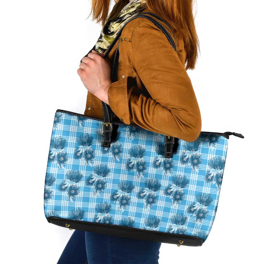 Blue Palaka Hawaii Leather Tote Bag Hawaiian Lehua Blossoms LT05 Blue - Polynesian Pride