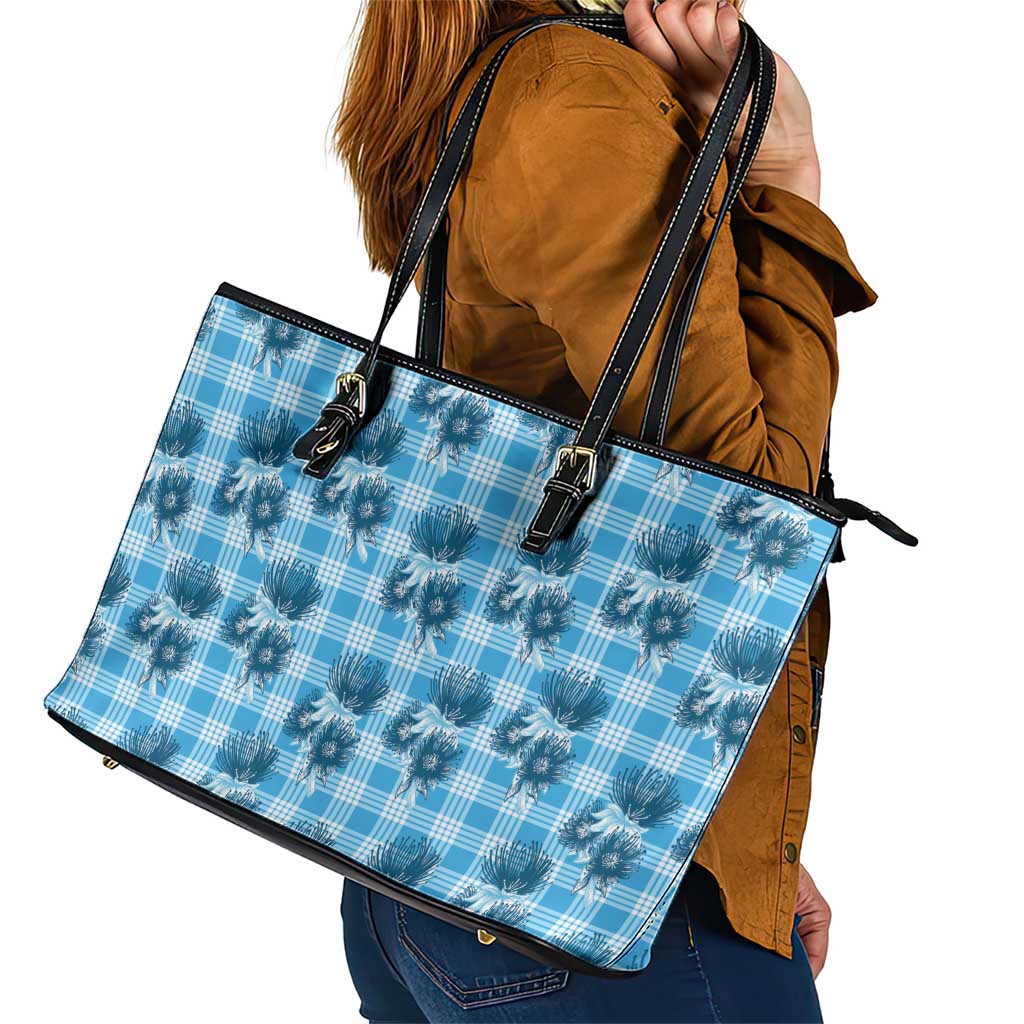 Blue Palaka Hawaii Leather Tote Bag Hawaiian Lehua Blossoms LT05 - Polynesian Pride