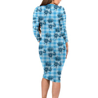 Blue Palaka Hawaii Long Sleeve Bodycon Dress Hawaiian Lehua Blossoms LT05 - Polynesian Pride