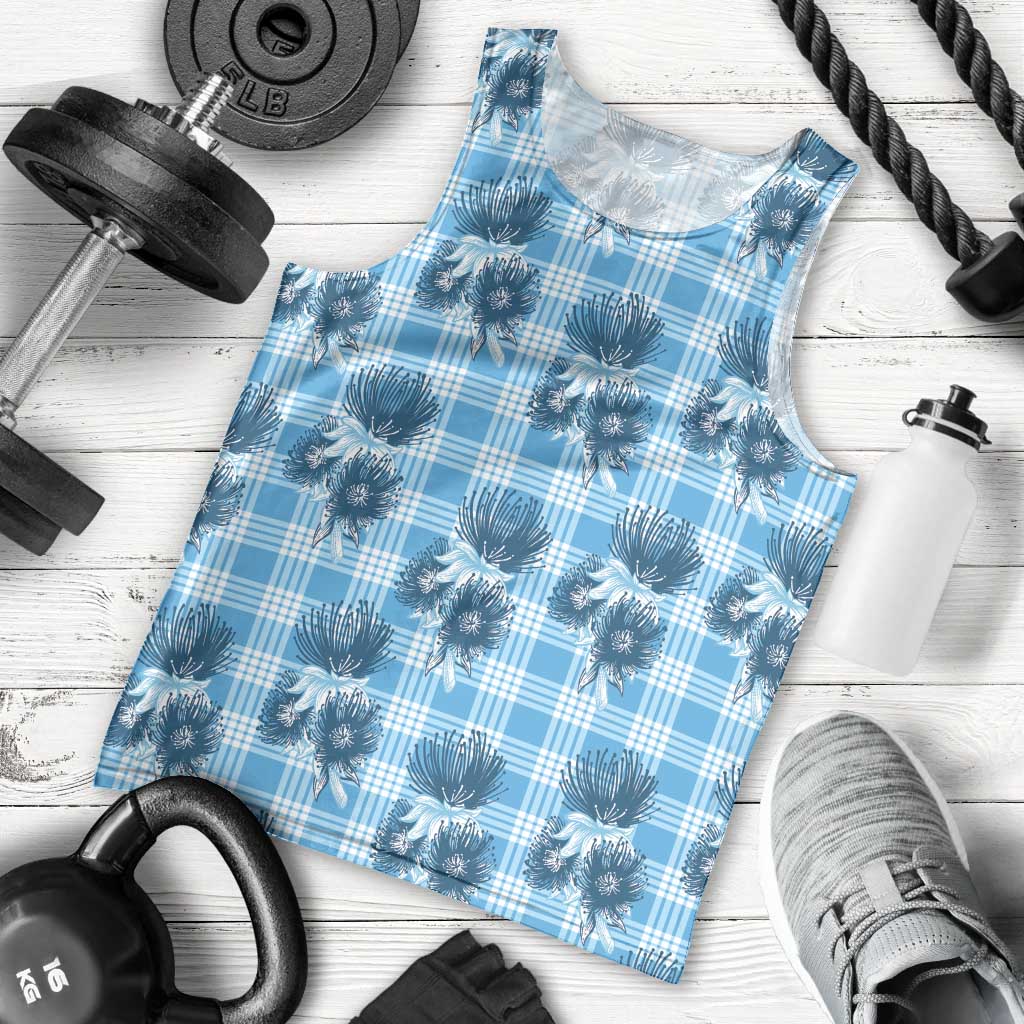 Blue Palaka Hawaii Men Tank Top Hawaiian Lehua Blossoms LT05 - Polynesian Pride