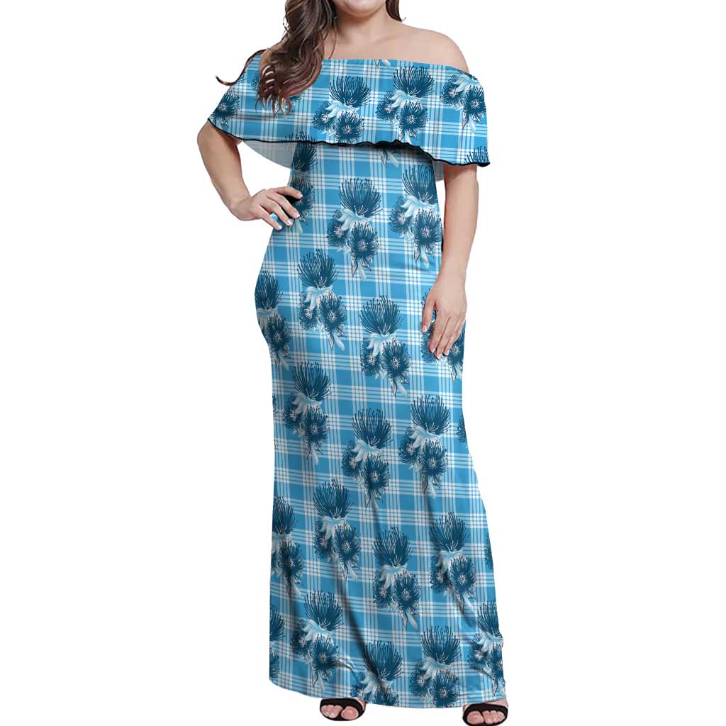 Blue Palaka Hawaii Off Shoulder Maxi Dress Hawaiian Lehua Blossoms LT05 Women Blue - Polynesian Pride