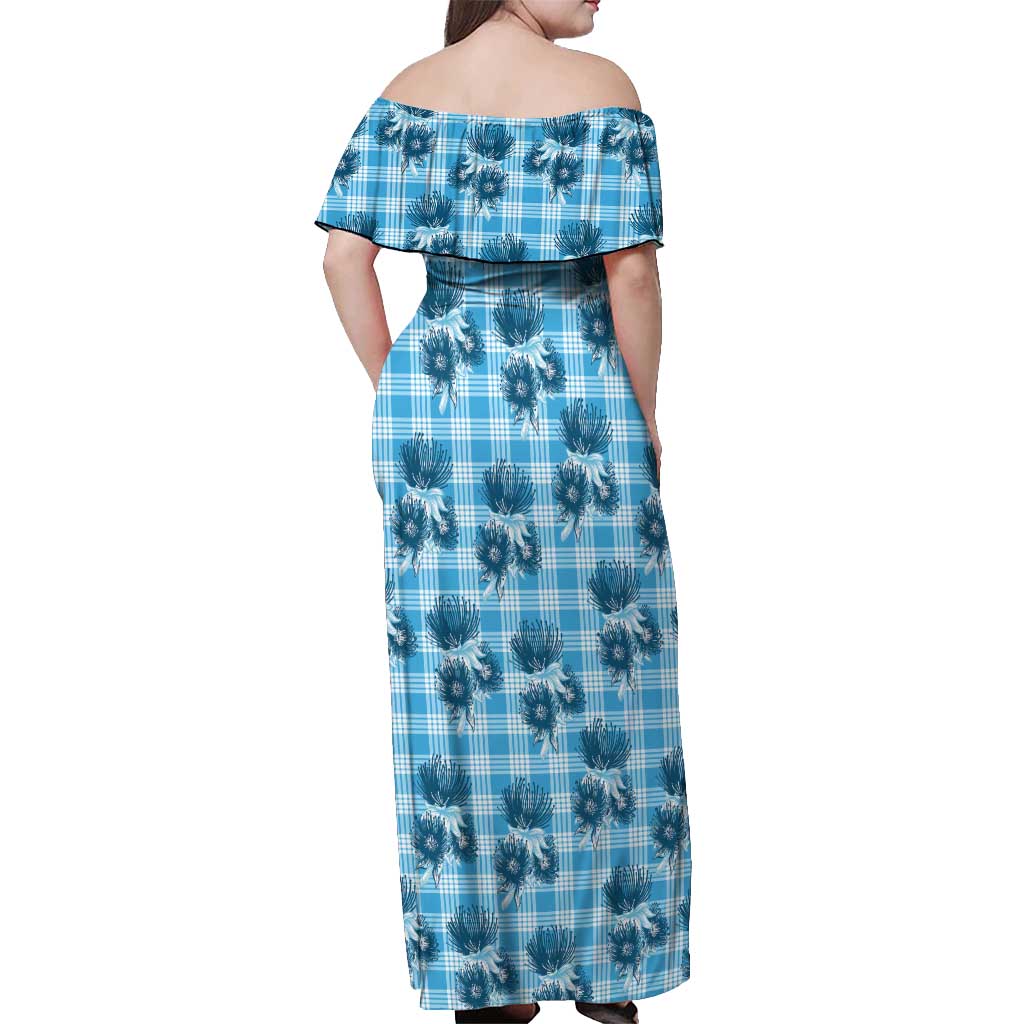 Blue Palaka Hawaii Off Shoulder Maxi Dress Hawaiian Lehua Blossoms LT05 - Polynesian Pride