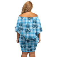 Blue Palaka Hawaii Off Shoulder Short Dress Hawaiian Lehua Blossoms LT05 - Polynesian Pride