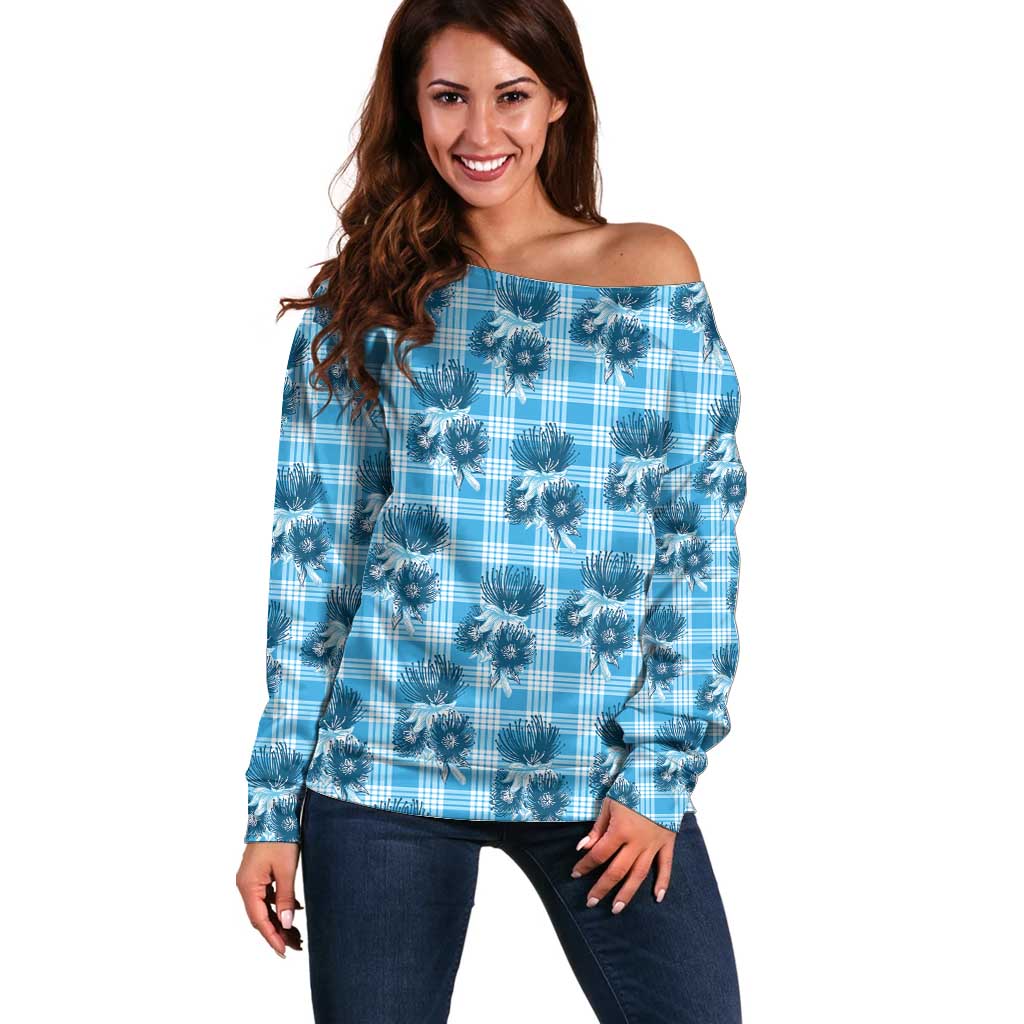 Blue Palaka Hawaii Off Shoulder Sweater Hawaiian Lehua Blossoms