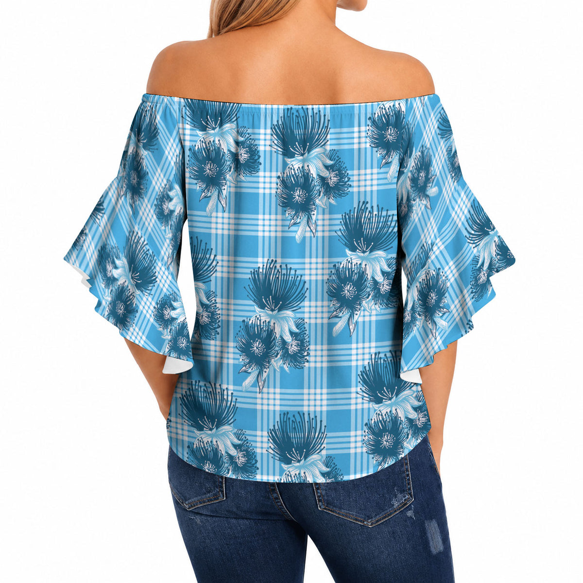 Blue Palaka Hawaii Off Shoulder Wrap Waist Top Hawaiian Lehua Blossoms LT05 - Polynesian Pride