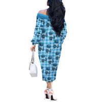 Blue Palaka Hawaii Off The Shoulder Long Sleeve Dress Hawaiian Lehua Blossoms LT05 - Polynesian Pride