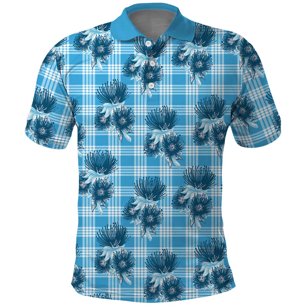 Blue Palaka Hawaii Polo Shirt Hawaiian Lehua Blossoms