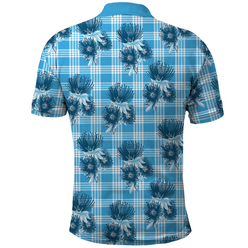 Blue Palaka Hawaii Polo Shirt Hawaiian Lehua Blossoms